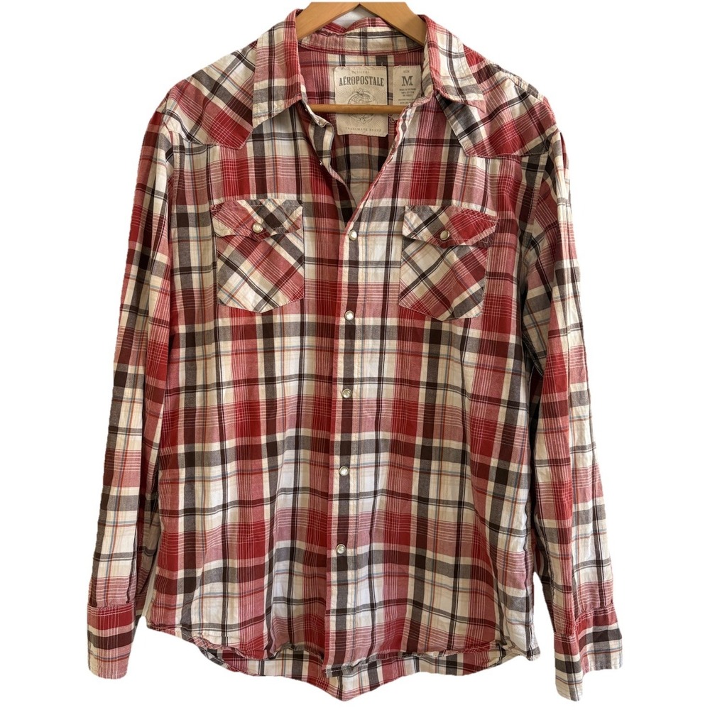 Aeropostale Mens M Western Pearl Snap Plaid Long Sleeve Button Shirt Red Cotton